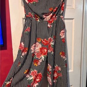 Floral Black and White Striped Jumpsuit